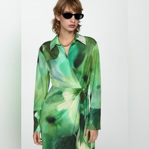 Mango Green printed bow Dress NWT